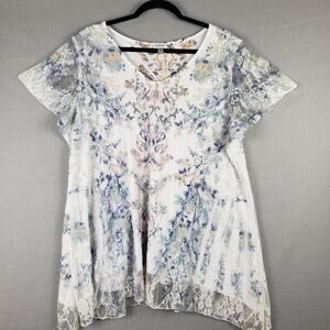 Avenue Size 18/20‎ Lace Overlay Flowy Top White Blue Floral Fairycore Whimsical
